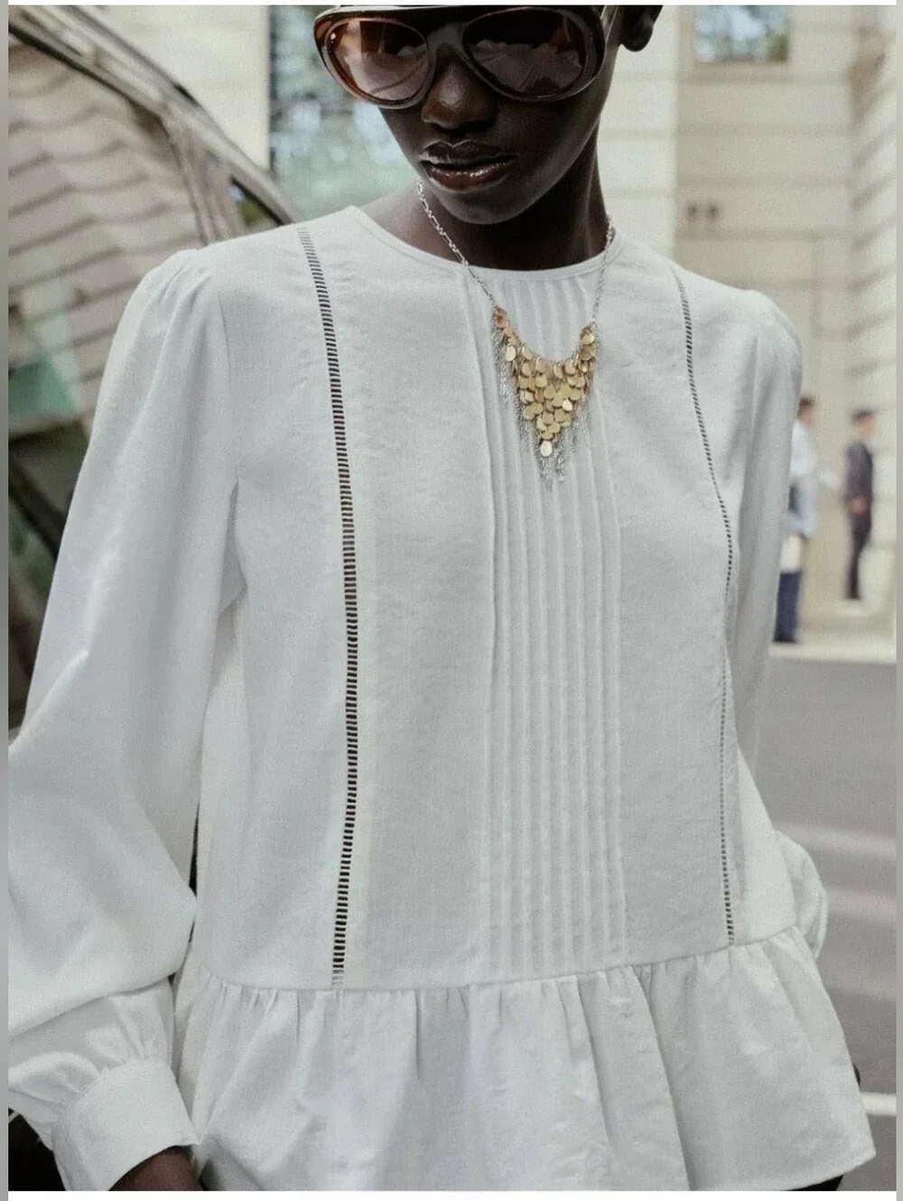 Zara Ladder Stitch Peplum Blouse White Pleated Size Large